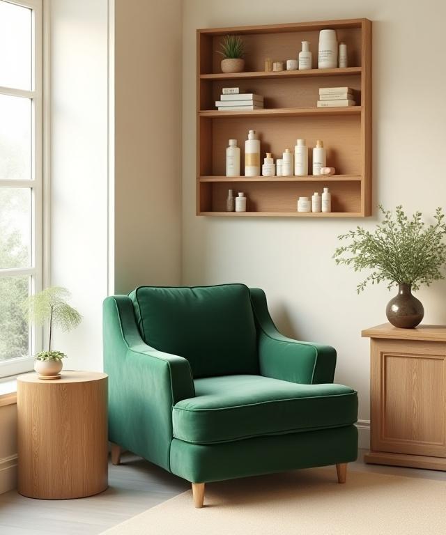 Un angolo accogliente di Herbarium Bellezza con una poltrona in velluto verde e prodotti naturali su uno scaffale di legno.