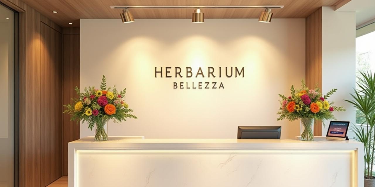 Dettaglio del bancone della reception di Herbarium Bellezza, con fiori freschi e un tablet per le prenotazioni. Atmostera accogliente.